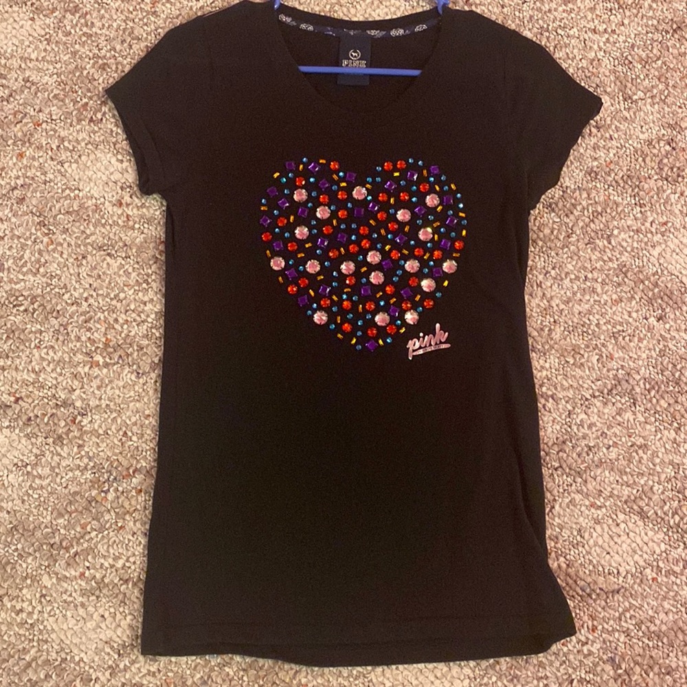 PINK black rhinestone heart tee